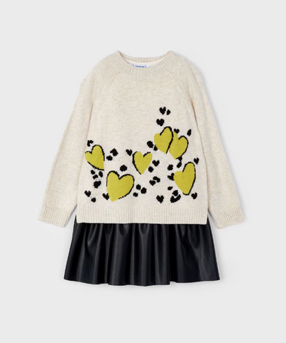 girls layered dress set, heart print knit dress, kids boutique sweater dress, beige and black girls outfit, chartreuse heart dress, layered look girls dress, cozy fall girls dress, knit sweater dress for kids, cute abstract print girls outfit, trendy girls winter dress