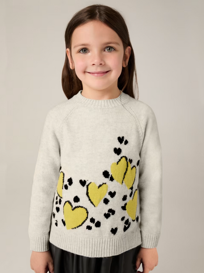 girls layered dress set, heart print knit dress, kids boutique sweater dress, beige and black girls outfit, chartreuse heart dress, layered look girls dress, cozy fall girls dress, knit sweater dress for kids, cute abstract print girls outfit, trendy girls winter dress