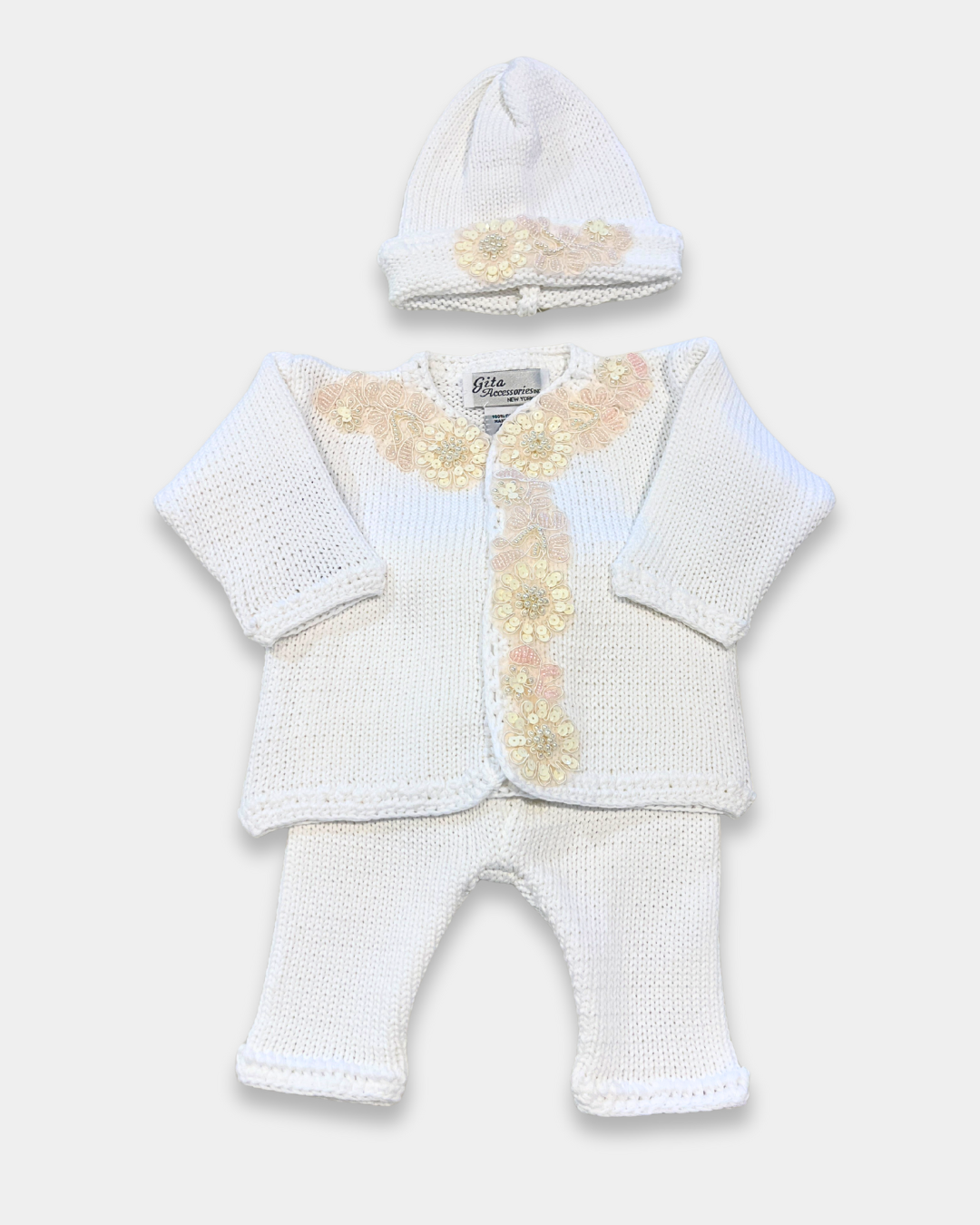 boutique baby girl sweater hat set, ivory sequin baby girl knitwear, pink cotton baby sweater set, baby girl knit cardigan Expressions Boutique NY, christening baby girl outfit boutique, heirloom knit sweater set for baby, luxury newborn knitwear girls, sequin flower baby girl outfit, boutique baby shower gift girl, matching baby blanket and sweater set