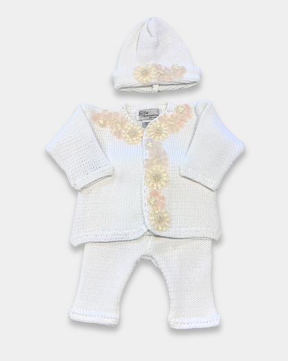boutique baby girl sweater hat set, ivory sequin baby girl knitwear, pink cotton baby sweater set, baby girl knit cardigan Expressions Boutique NY, christening baby girl outfit boutique, heirloom knit sweater set for baby, luxury newborn knitwear girls, sequin flower baby girl outfit, boutique baby shower gift girl, matching baby blanket and sweater set