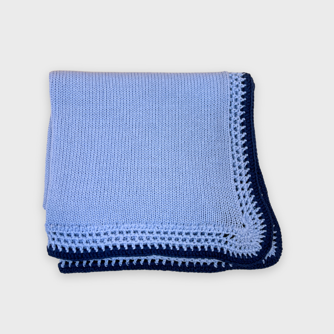 Lt Blue Cotton Blanket w Navy Trim