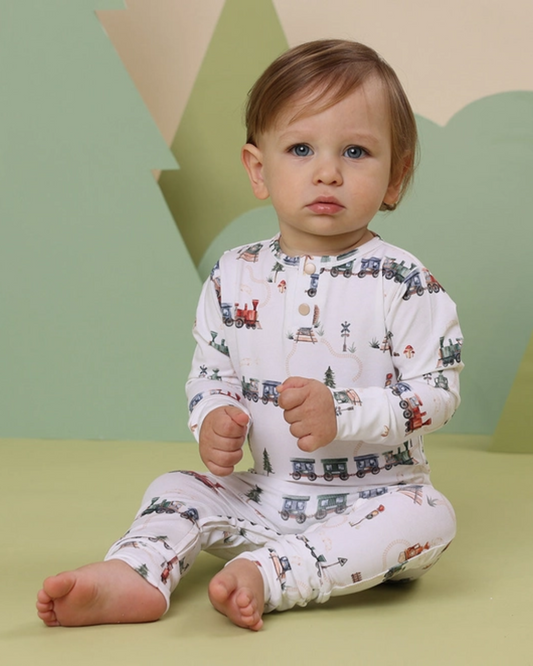 train print baby romper, organic cotton growsuit, baby boy train outfit, boutique baby romper, eco friendly babywear, newborn train print one piece, soft cotton baby pajamas, infant boys growsuit, baby shower train outfit, toddler train themed romper
