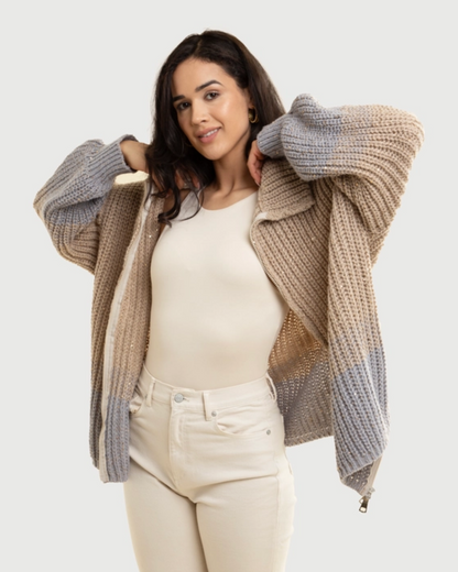 Grey & Taupe Zip Up Sequin Sweater