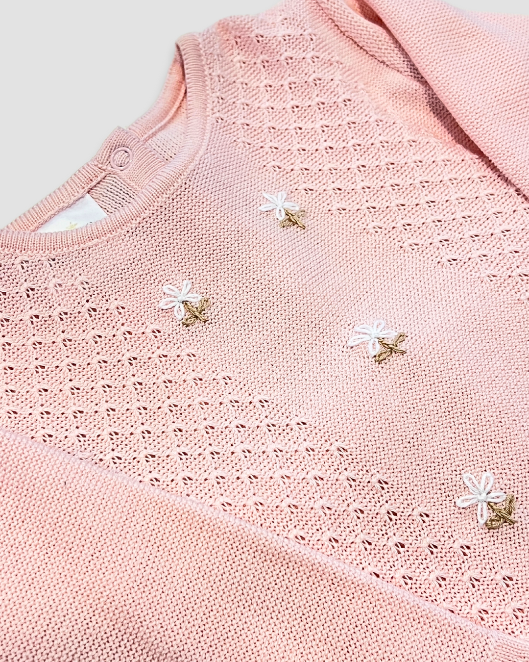 boutique baby knit outfit Expressions Boutique NY, pink embroidered baby sweater set, soft cotton knit baby clothes, floral baby girl outfit delicate trim, heirloom knit two piece baby set breathable cotton