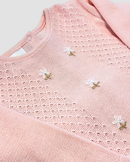 boutique baby knit outfit Expressions Boutique NY, pink embroidered baby sweater set, soft cotton knit baby clothes, floral baby girl outfit delicate trim, heirloom knit two piece baby set breathable cotton