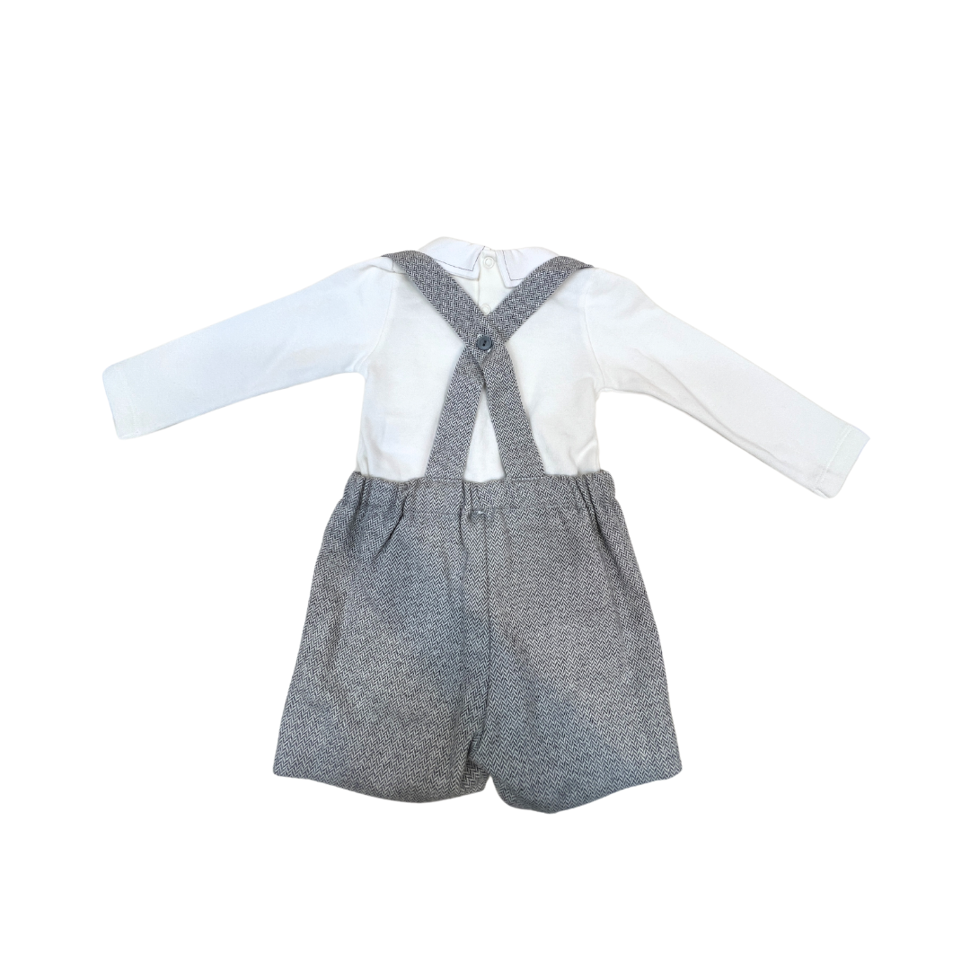 2pc Off White w Grey Stitching Onesie w Grey Tweed Overall *