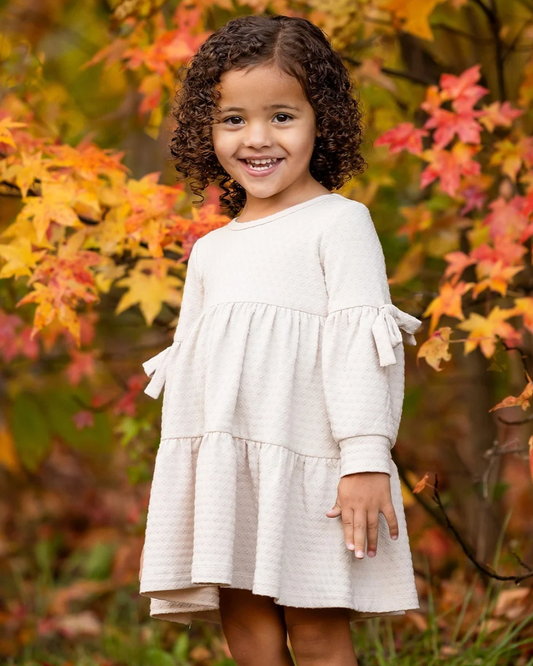 cinnamon sugar baby dress, toddler girl fall dress, boutique girls dress, neutral baby girl outfit, textured knit dress, long sleeve toddler dress, baby shower gift outfit, little girls holiday dress, boutique fall clothing, soft neutral girls fashion, back to school, pre-k clothing