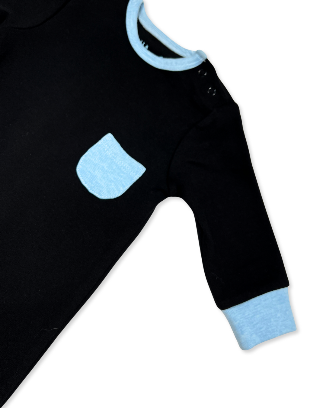 black baby footie, baby boy pocket sleeper, boutique baby romper, infant one piece footie, stylish baby outfit, newborn boy sleepsuit, snap shoulder baby romper, baby shower gift footie, soft cotton baby footed sleeper, modern baby clothing