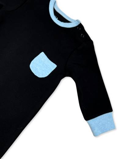 black baby footie, baby boy pocket sleeper, boutique baby romper, infant one piece footie, stylish baby outfit, newborn boy sleepsuit, snap shoulder baby romper, baby shower gift footie, soft cotton baby footed sleeper, modern baby clothing
