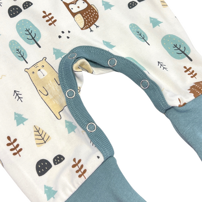 woodland baby romper, forest animal baby outfit, cream and green romper set, baby boy henley romper, infant woodland print sleeper, newborn forest theme outfit, baby romper with hat, cozy fall baby clothes, boutique baby boy gift set, cute animal print romper