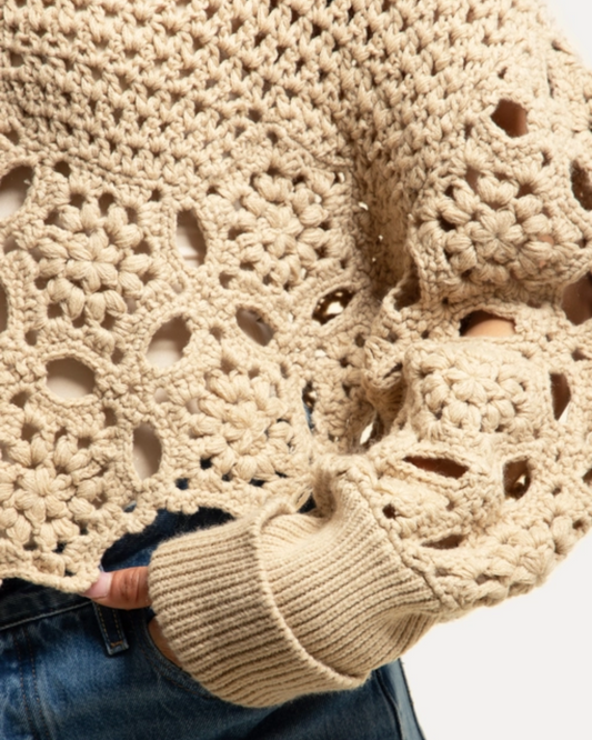 Oatmeal Floral Crochet Pullover Sweater
