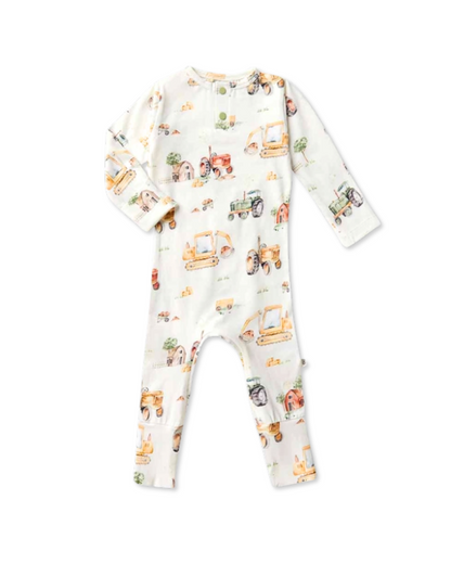 diggers and tractors baby romper, farm print growsuit, organic cotton baby clothes, baby boy tractor outfit, boutique baby romper, infant farm print one piece, baby shower gift boy, soft cotton baby footie, eco friendly baby growsuit, toddler farm themed outfit
