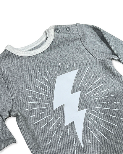 Grey Lightning Bolt Footie, Expressions Boutique, Women and childrens boutique, Woodbury, grey baby footie, baby boy lightning sleeper, boutique baby romper, infant footed one piece, soft cotton baby pajamas, newborn boy sleepsuit, snap closure baby outfit, modern baby boy footie, baby shower boy gift, lightning print baby romper