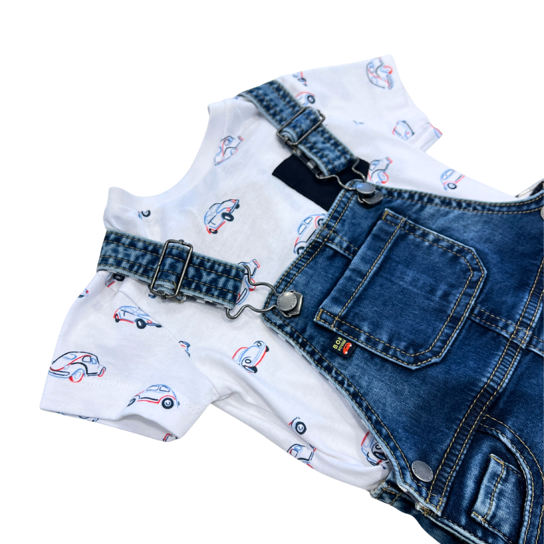 2pc white tee w cars & denim romper