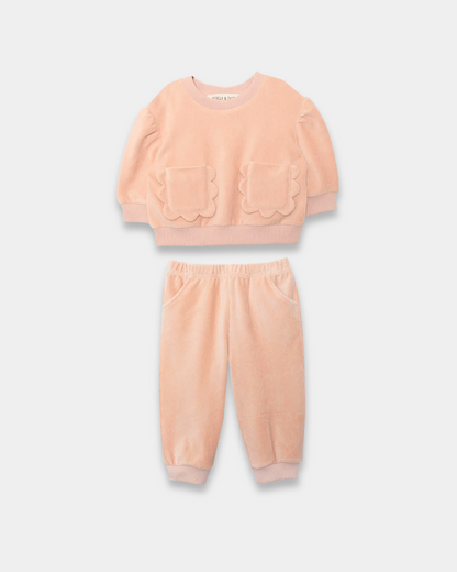 peach baby pant set, boutique toddler outfit, scalloped pocket baby set, girls velour pant set, peach lounge set kids, boutique infant clothing, soft baby clothes set, baby girl jogger set, toddler fall outfit girl, boutique kids fashion peach, back to school, school outfits, pre-k clothing