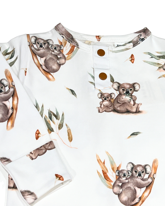 baby boy koala romper, organic baby growsuit, koala print baby outfit, baby boy one piece, boutique organic babywear, eco friendly baby clothes, infant koala romper, newborn boys jumpsuit, soft cotton baby footie, baby shower gift outfit