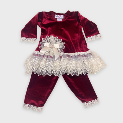 girls red velvet lace set, holiday outfit toddler girl, boutique girls Christmas outfit, red velvet tunic with pants, cotton baby girl holiday outfit, boutique baby girl clothing Expressions Boutique NY, toddler girl lace trim velvet set, festive boutique girls outfit, special occasion velvet outfit girls, elegant holiday outfit for toddlers