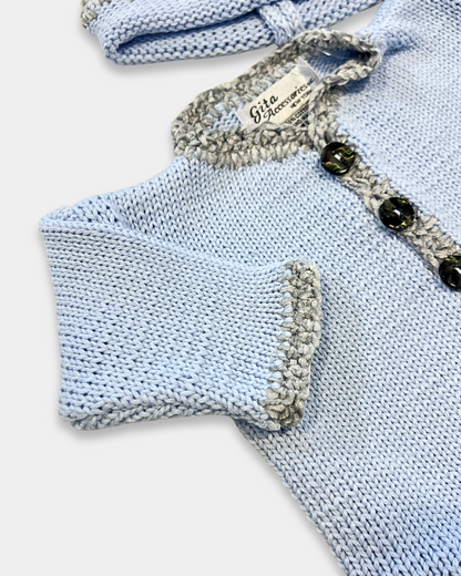 baby cotton sweater set, boutique baby knitwear, baby shower gift outfit, baby boy sweater and hat set, newborn cotton sweater outfit, boutique baby clothing Expressions Boutique NY, infant knit cardigan set, baby cotton knit with chenille trim, newborn coming home outfit boys, soft breathable baby sweater set