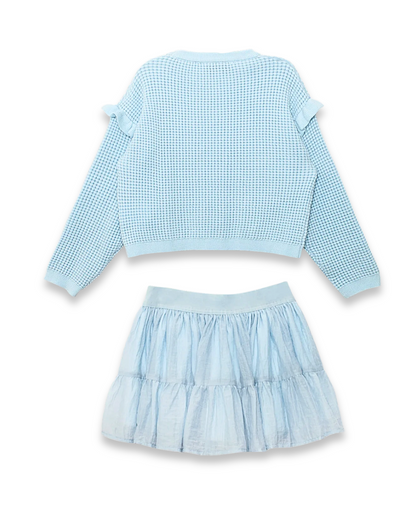 girls tutu skirt set, blue ruffle sweater outfit, toddler holiday outfit, boutique girls clothing set, girls tiered tutu skirt, stylish kids two piece set, girls birthday party outfit, boutique tutu skirt and top set, light blue girls dress set, waffle knit ruffle sweater outfit