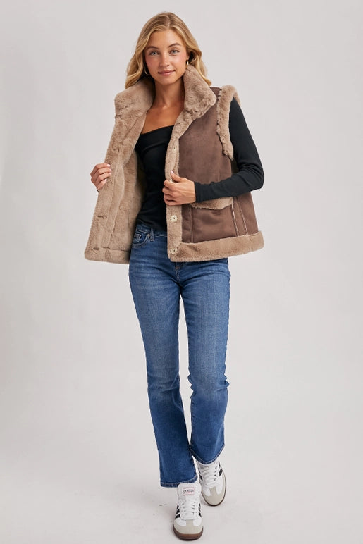 faux suede shearling vest, women’s winter layering vest, boutique cozy faux fur vest, shearling trim suede vest women, chic brown faux suede vest, rustic fall layering vest, boutique winter outfit topper, faux shearling lined vest, casual chic fall vest, boutique women’s outerwear vest