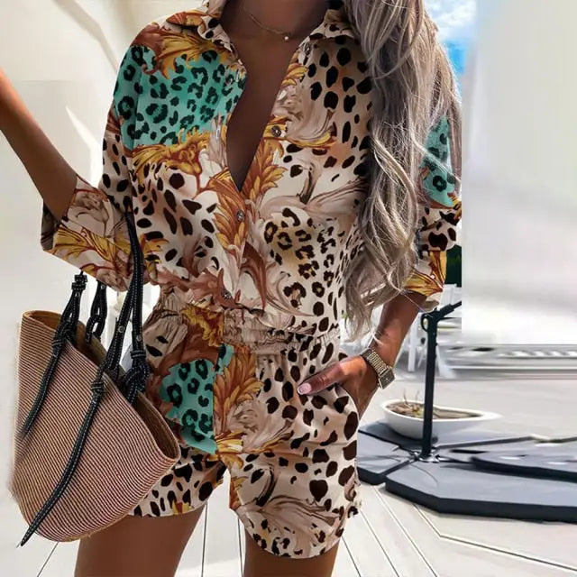 2pc Spring Leopard print button down shirt & short set