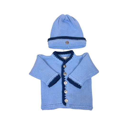 2pc Lt Blue Cotton Sweater w Navy Trim & Hat