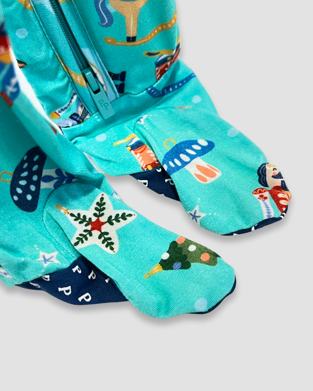 Nutcracker baby footie Expressions Boutique NY, holiday zippered pajamas, Fritz baby sleeper, aqua Christmas baby outfit, festive boutique footie, double zip baby pajama