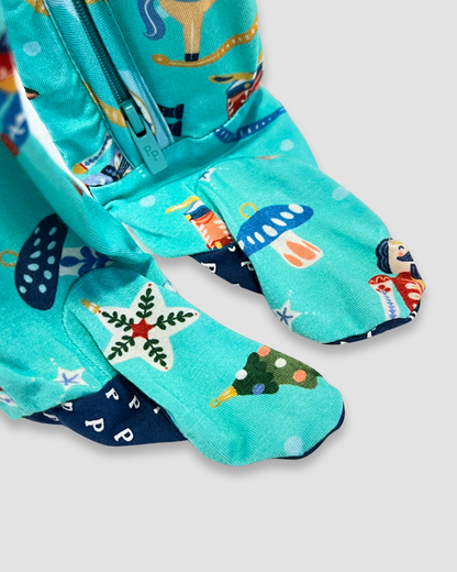 Nutcracker baby footie Expressions Boutique NY, holiday zippered pajamas, Fritz baby sleeper, aqua Christmas baby outfit, festive boutique footie, double zip baby pajama