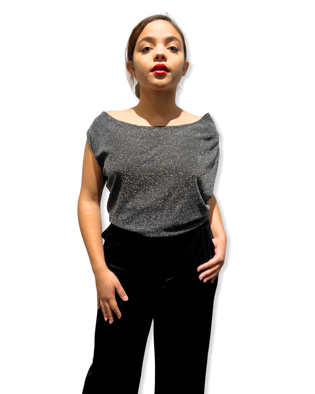 shimmer halter Expressions Boutique NY, versatile metallic top, tie back halter shimmer, women’s holiday party halter, metallic evening top