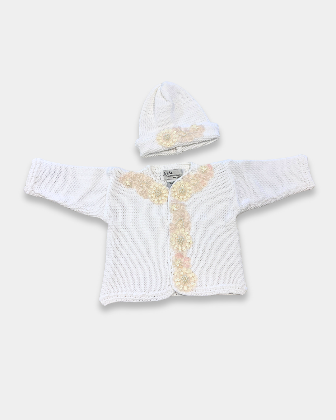 boutique baby girl sweater hat set, ivory sequin baby girl knitwear, pink cotton baby sweater set, baby girl knit cardigan Expressions Boutique NY, christening baby girl outfit boutique, heirloom knit sweater set for baby, luxury newborn knitwear girls, sequin flower baby girl outfit, boutique baby shower gift girl, matching baby blanket and sweater set
