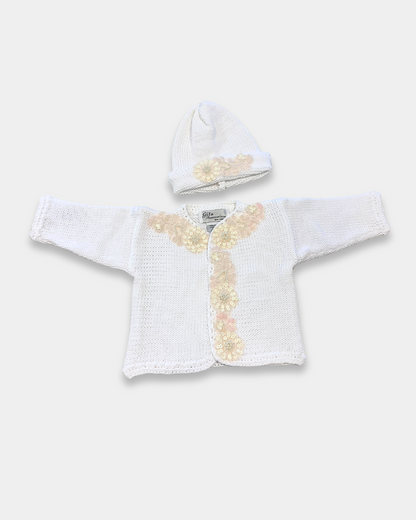 boutique baby girl sweater hat set, ivory sequin baby girl knitwear, pink cotton baby sweater set, baby girl knit cardigan Expressions Boutique NY, christening baby girl outfit boutique, heirloom knit sweater set for baby, luxury newborn knitwear girls, sequin flower baby girl outfit, boutique baby shower gift girl, matching baby blanket and sweater set