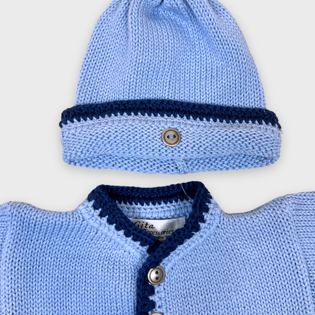 2pc Lt Blue Cotton Sweater w Navy Trim & Hat