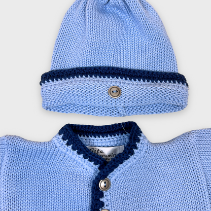 2pc Lt Blue Cotton Sweater w Navy Trim & Hat