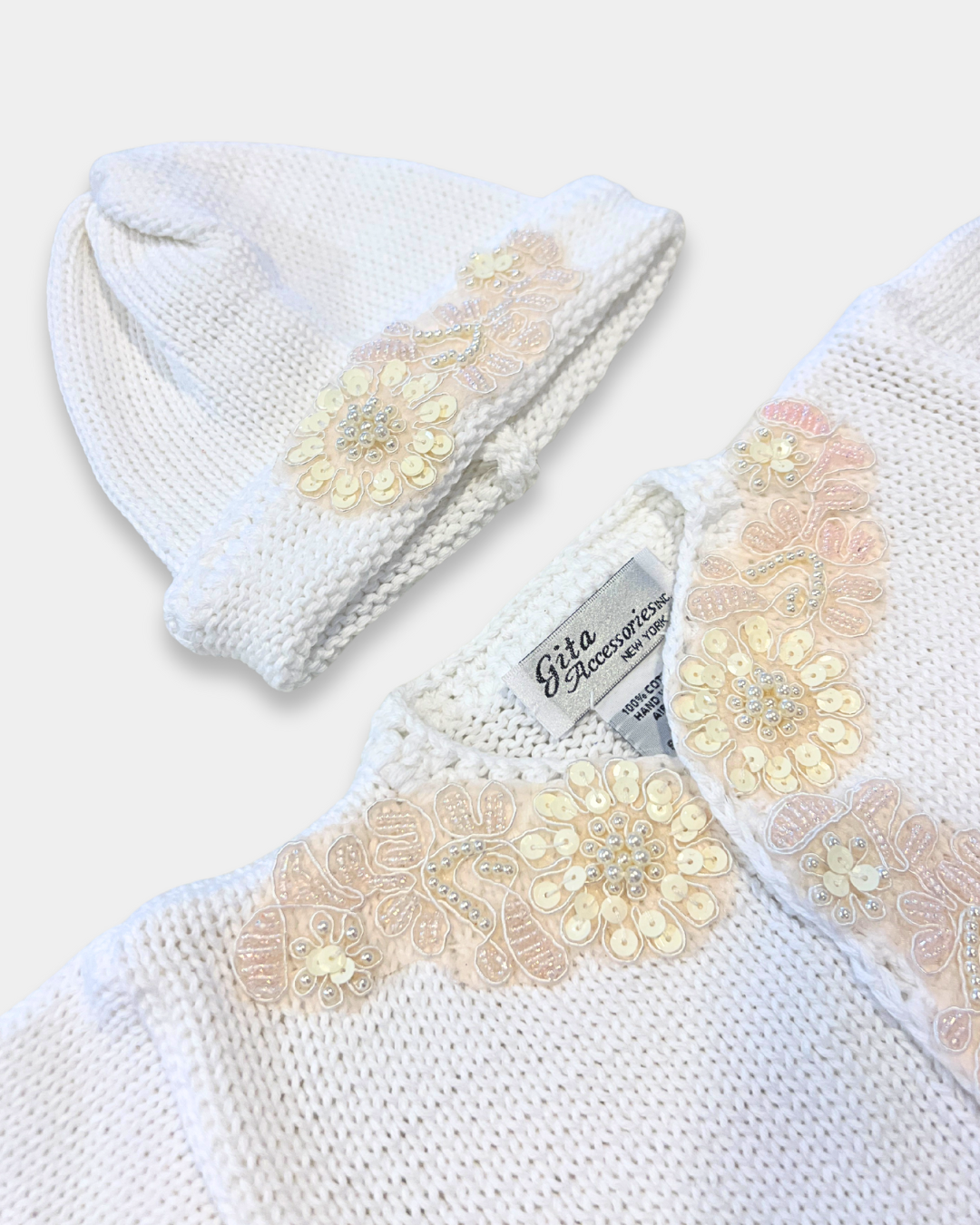 boutique baby girl sweater hat set, ivory sequin baby girl knitwear, pink cotton baby sweater set, baby girl knit cardigan Expressions Boutique NY, christening baby girl outfit boutique, heirloom knit sweater set for baby, luxury newborn knitwear girls, sequin flower baby girl outfit, boutique baby shower gift girl, matching baby blanket and sweater set