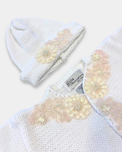 boutique baby girl sweater hat set, ivory sequin baby girl knitwear, pink cotton baby sweater set, baby girl knit cardigan Expressions Boutique NY, christening baby girl outfit boutique, heirloom knit sweater set for baby, luxury newborn knitwear girls, sequin flower baby girl outfit, boutique baby shower gift girl, matching baby blanket and sweater set