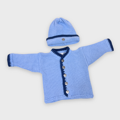 2pc Lt Blue Cotton Sweater w Navy Trim & Hat