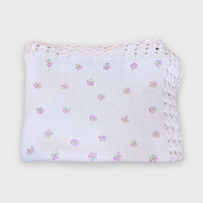 White Cotton Blanket w Sequin Flowers