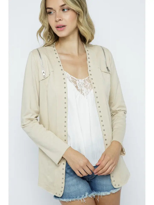 Natural Stud Jacket w Shoulder & Side Zippers