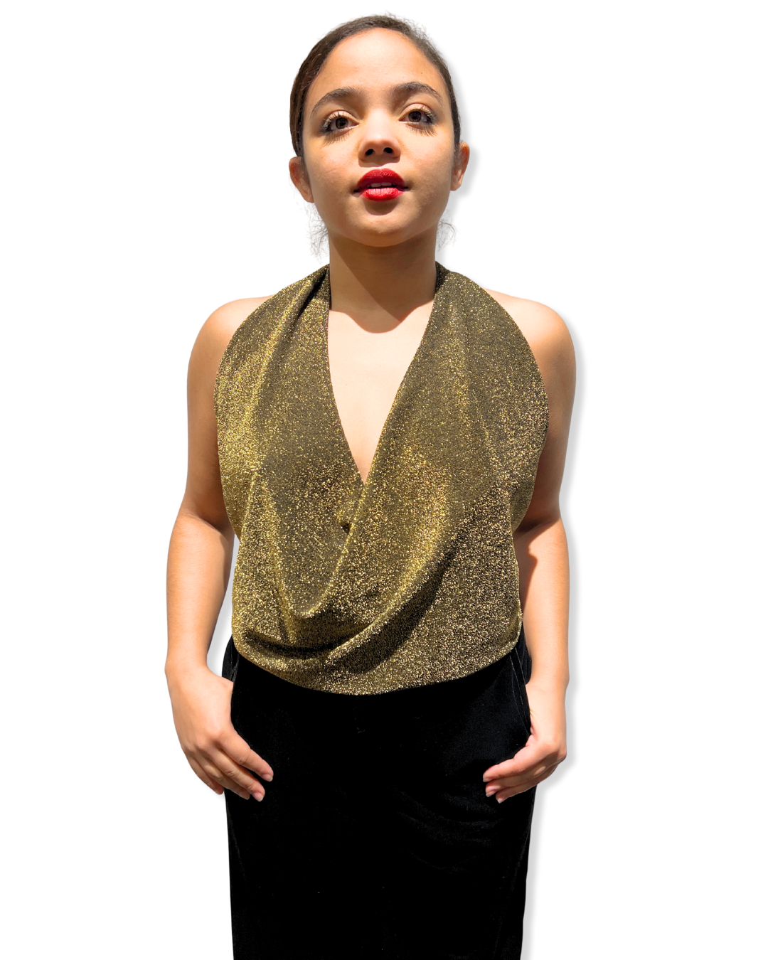 shimmer halter Expressions Boutique NY, versatile metallic top, tie back halter shimmer, women’s holiday party halter, metallic evening top