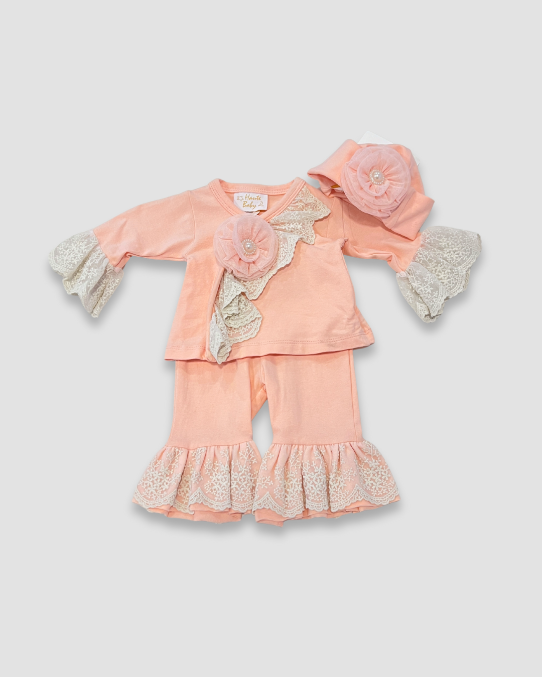 peach baby outfit Expressions Boutique NY, lace baby girl set, boutique newborn clothing, baby shower gift set, ruffle sleeve infant outfit, elegant baby outfit with hat