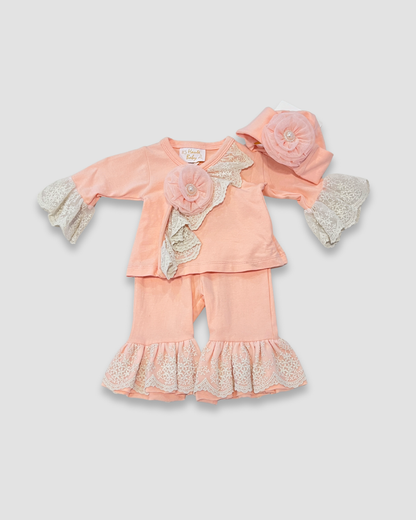 peach baby outfit Expressions Boutique NY, lace baby girl set, boutique newborn clothing, baby shower gift set, ruffle sleeve infant outfit, elegant baby outfit with hat