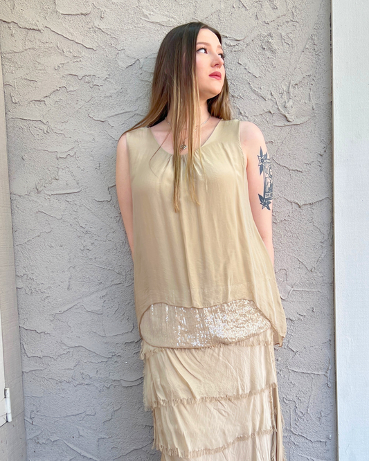 Sand Sleeveless Sequin Band w Silk Camisole