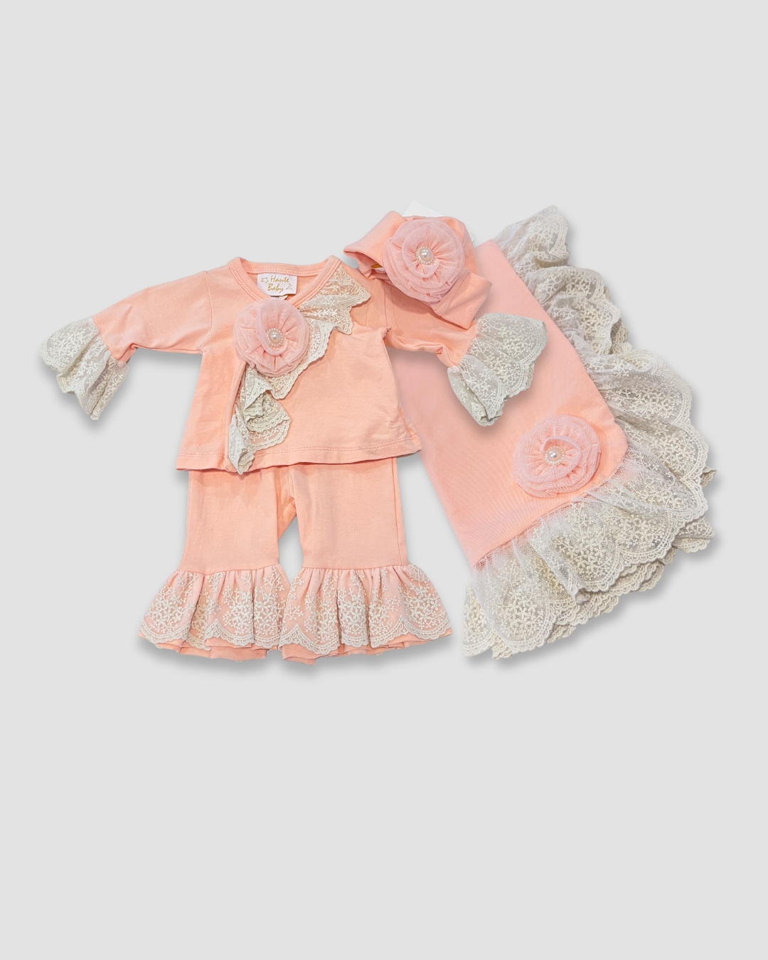peach baby outfit Expressions Boutique NY, lace baby girl set, boutique newborn clothing, baby shower gift set, ruffle sleeve infant outfit, elegant baby outfit with hat