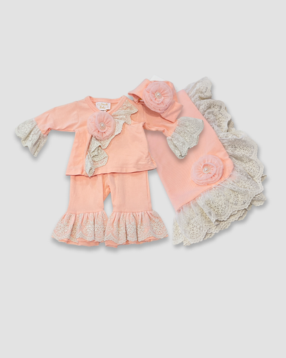 peach baby outfit Expressions Boutique NY, lace baby girl set, boutique newborn clothing, baby shower gift set, ruffle sleeve infant outfit, elegant baby outfit with hat
