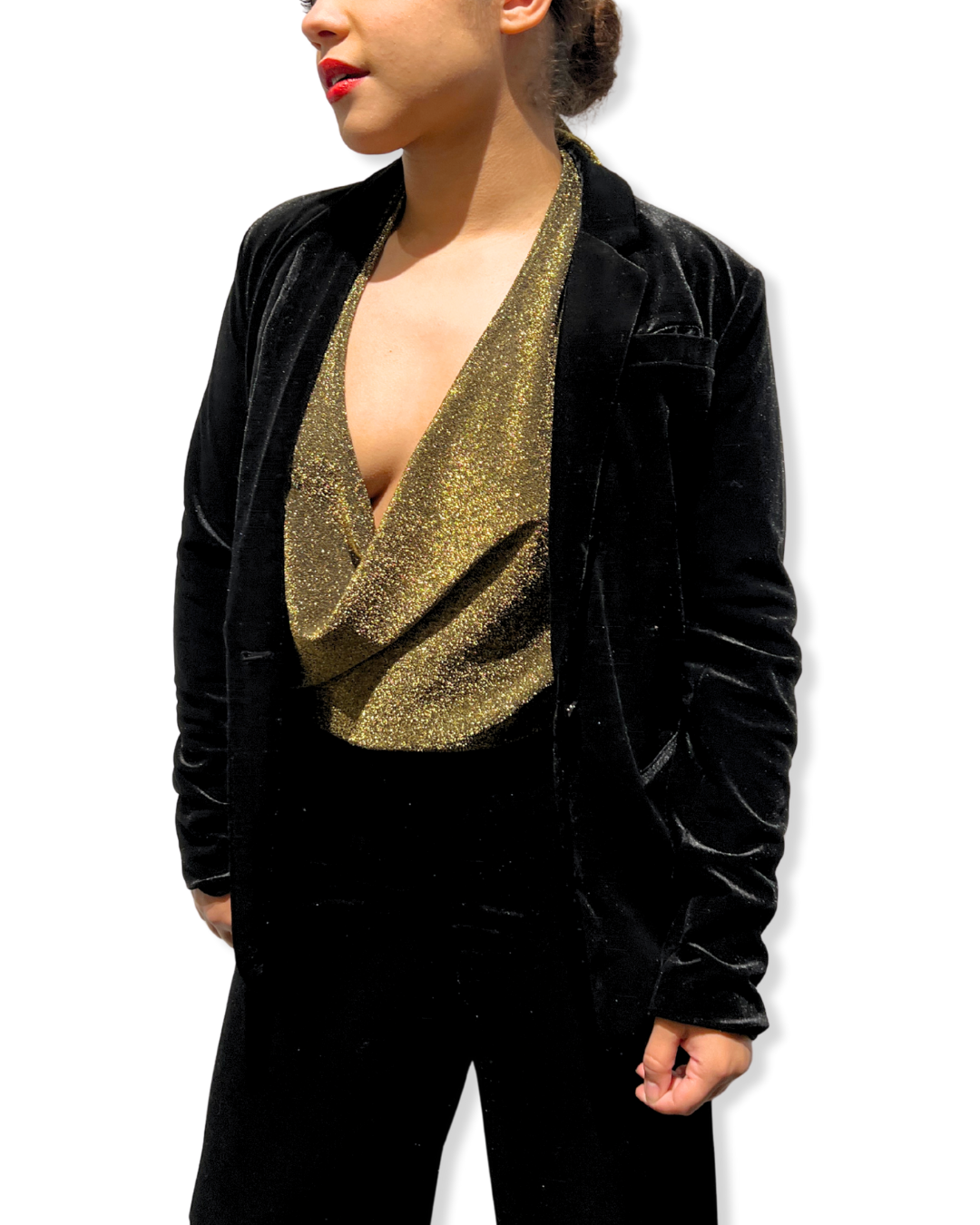 shimmer halter Expressions Boutique NY, versatile metallic top, tie back halter shimmer, women’s holiday party halter, metallic evening top