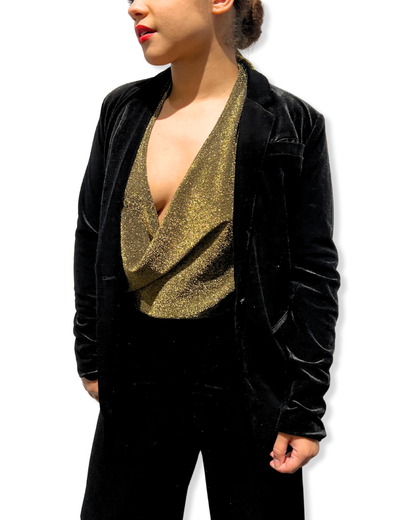 shimmer halter Expressions Boutique NY, versatile metallic top, tie back halter shimmer, women’s holiday party halter, metallic evening top