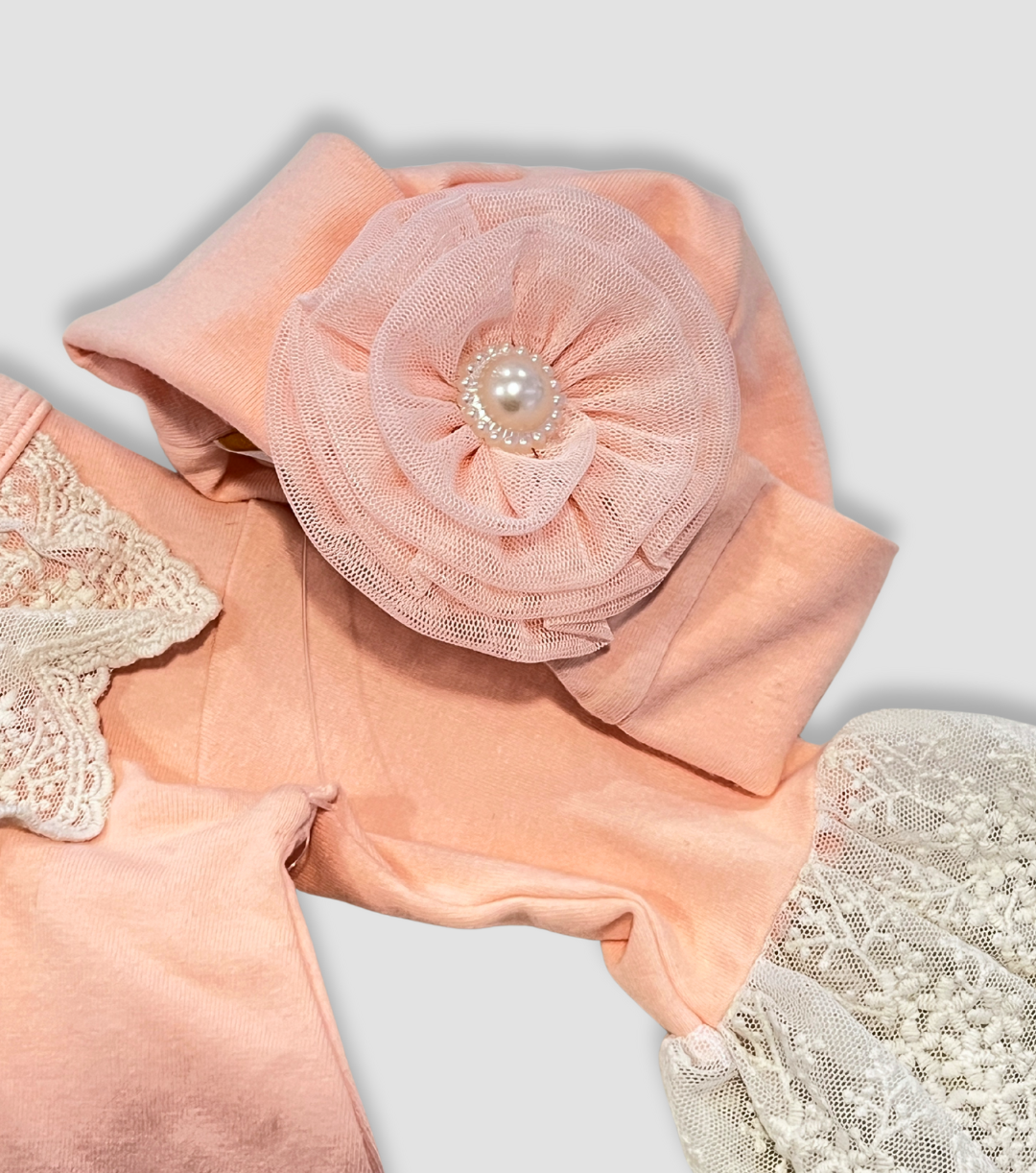 peach baby outfit Expressions Boutique NY, lace baby girl set, boutique newborn clothing, baby shower gift set, ruffle sleeve infant outfit, elegant baby outfit with hat