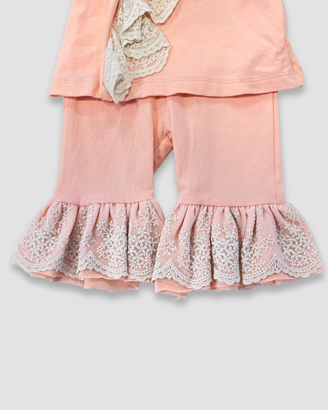 peach baby outfit Expressions Boutique NY, lace baby girl set, boutique newborn clothing, baby shower gift set, ruffle sleeve infant outfit, elegant baby outfit with hat