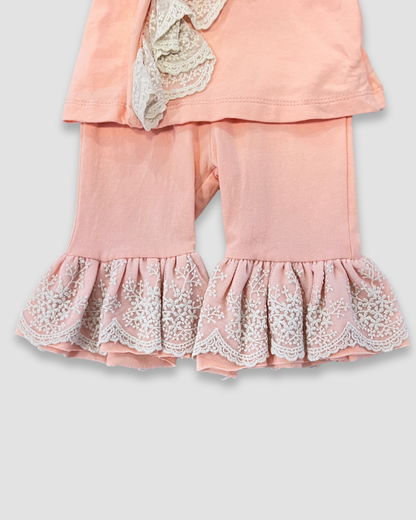 peach baby outfit Expressions Boutique NY, lace baby girl set, boutique newborn clothing, baby shower gift set, ruffle sleeve infant outfit, elegant baby outfit with hat