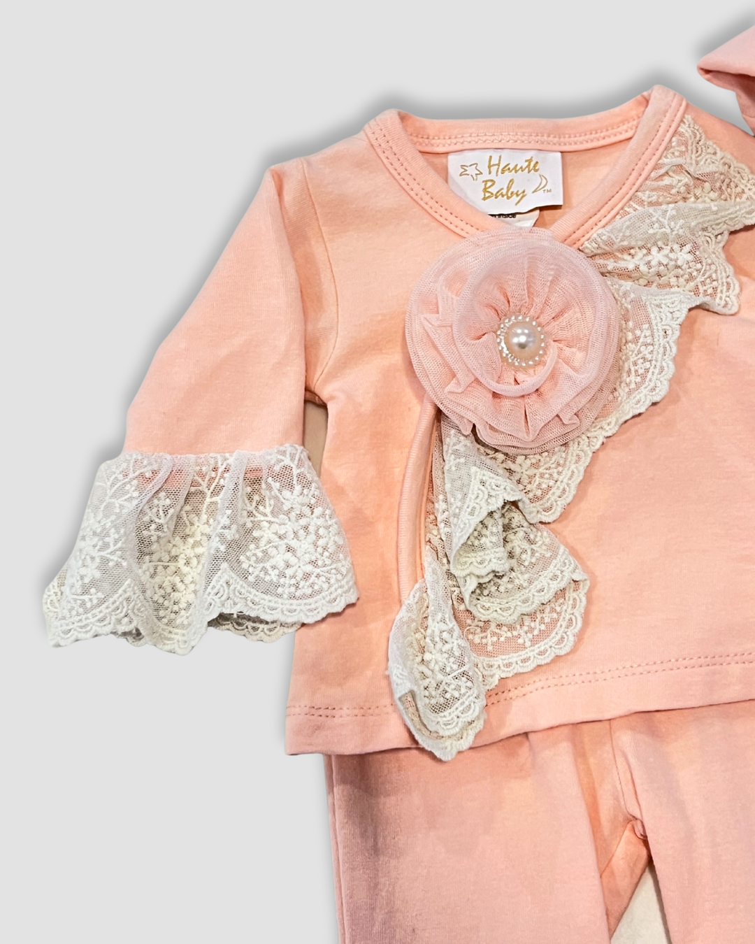 peach baby outfit Expressions Boutique NY, lace baby girl set, boutique newborn clothing, baby shower gift set, ruffle sleeve infant outfit, elegant baby outfit with hat
